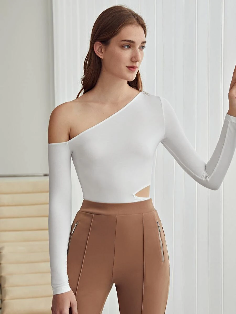 MOTF PREMIUM 醋酸纖維不對稱領T恤 - 白色 - 查看 1