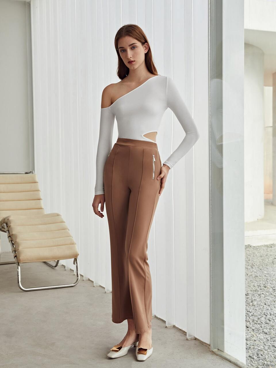 ACETATE ASYMMETRICAL NECK T-SHIRT