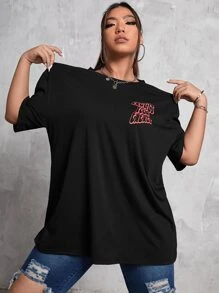 SHEIN EZwear Camiseta de hombros caídos con estampado de slogan - Negro - Ver 5