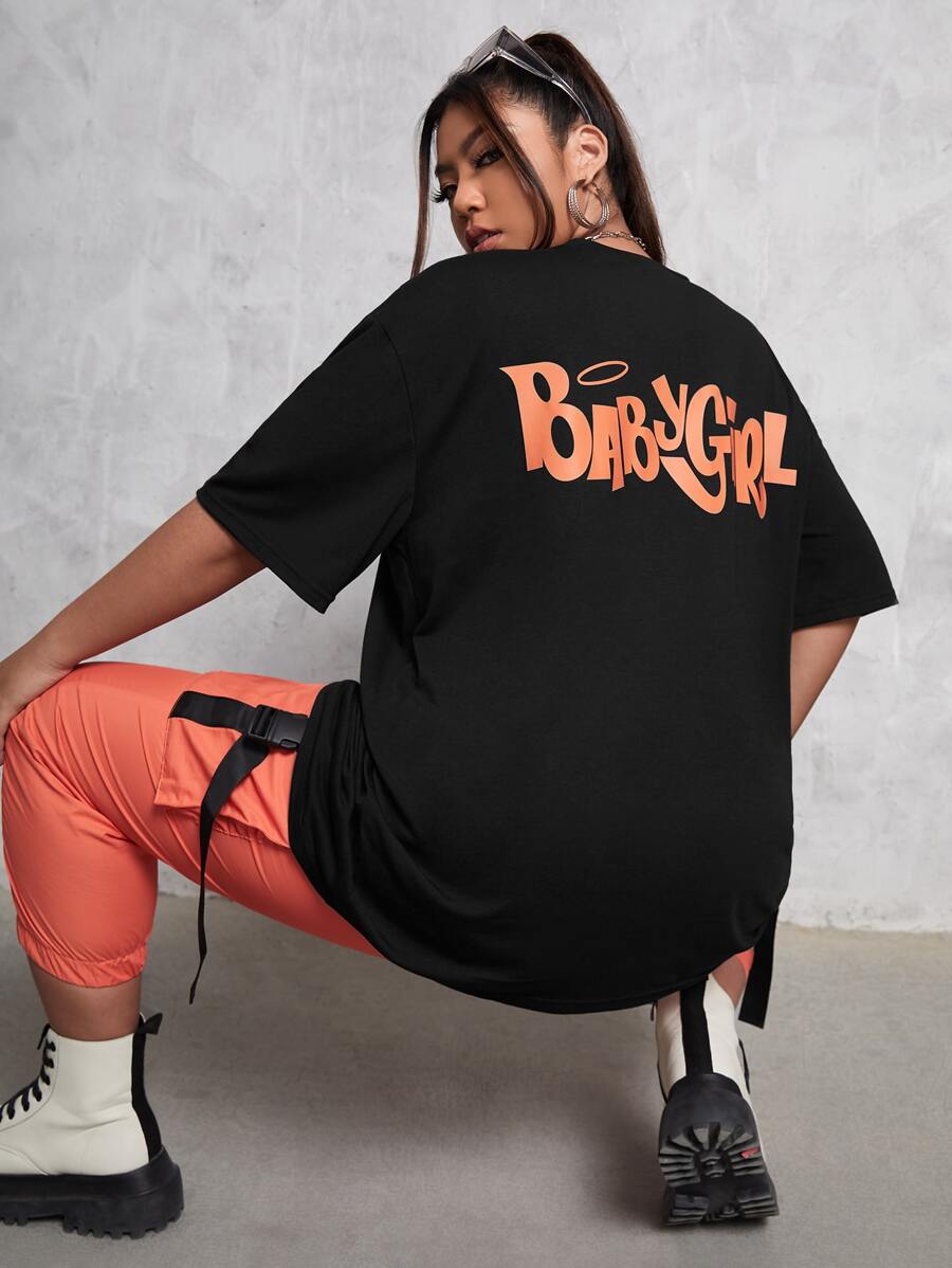 SHEIN Coolane Plus Letter Graphic Drop Shoulder Tee - Black - View 1