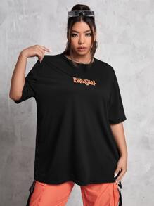 SHEIN Coolane Plus Letter Graphic Drop Shoulder Tee - Black - View 2
