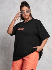 SHEIN Coolane Plus Letter Graphic Drop Shoulder Tee - Black - View 3