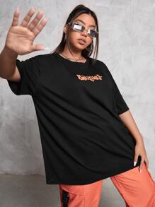 SHEIN Coolane Plus Letter Graphic Drop Shoulder Tee - Black - View 5
