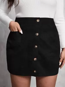 SHEIN Unity 大碼補丁貼口袋單排釦燈芯絨半身裙 - 黑色 - 查看 1