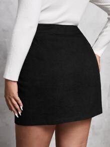 SHEIN Unity 大碼補丁貼口袋單排釦燈芯絨半身裙 - 黑色 - 查看 2