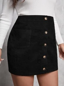 SHEIN Unity 大碼補丁貼口袋單排釦燈芯絨半身裙 - 黑色 - 查看 4