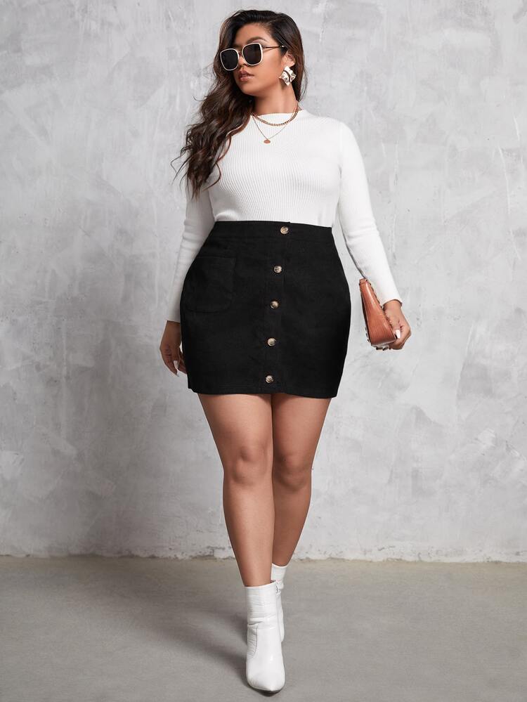 SHEIN Unity Plus Patched Pocket Single Breasted Corduroy Skirt - Black - View 5