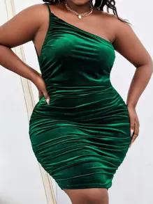 Slaydiva Vestido ajustado de un hombro fruncido de terciopelo - Verde Oscuro - Ver 1