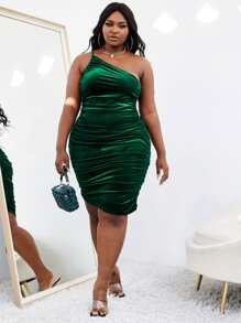 Slaydiva Vestido ajustado de un hombro fruncido de terciopelo - Verde Oscuro - Ver 4