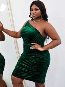 Slaydiva Vestido ajustado de un hombro fruncido de terciopelo - Verde Oscuro - Ver 5