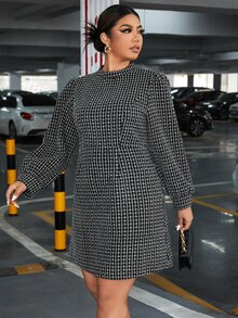 大碼格紋圖案燈籠袖小高領粗花呢洋裝 - 黑與白 - 查看 4