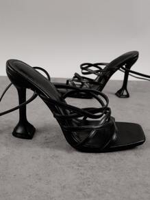Women Tie Leg Design Strappy Sandals, Pyramid Heeled Fashion Sandals Black - Black - View 2