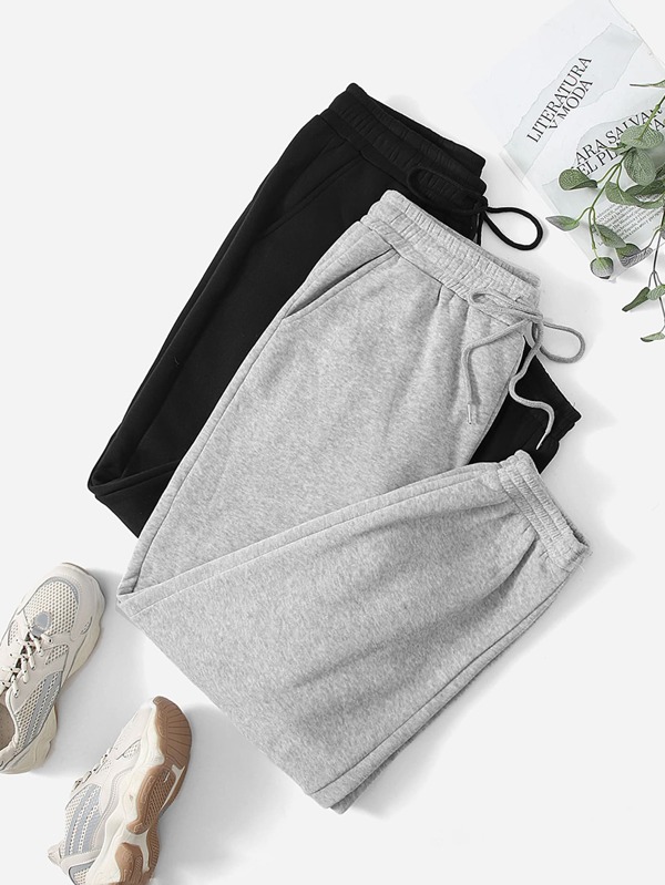 2pcs Plus Size Women Oblique Pocket Drawstring Waist Sweatpants