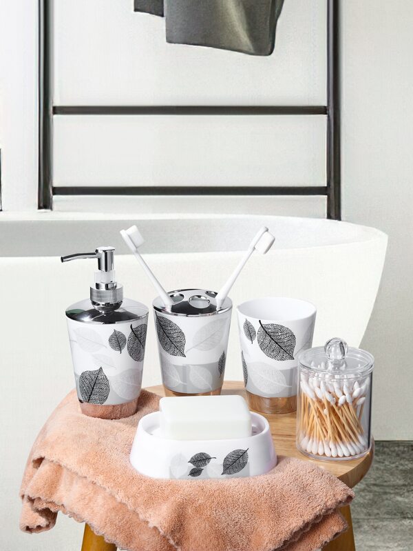 5pcs Leaf Print Soap Dispenser & Soap Box & Gargle Cup Set, Modern Soap