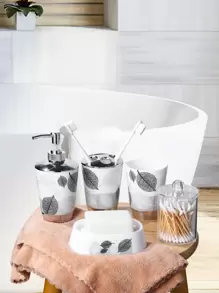 5pcs Leaf Print Soap Dispenser & Soap Box & Gargle Cup Set, Modern Soap Dispenser Set For Bathroom Home Bathroom Decor Fall Decor Back To School - Multicolor - View 2