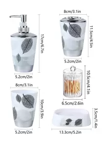 5pcs Leaf Print Soap Dispenser & Soap Box & Gargle Cup Set, Modern Soap Dispenser Set For Bathroom Home Bathroom Decor Fall Decor Back To School - Multicolor - View 3