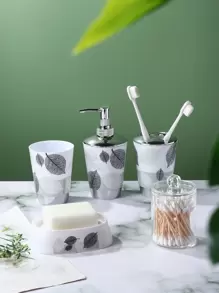 5pcs Leaf Print Soap Dispenser & Soap Box & Gargle Cup Set, Modern Soap Dispenser Set For Bathroom Home Bathroom Decor Fall Decor Back To School - Multicolor - View 6