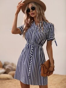 Vertical Striped Knot Cuff Dress - Blue and White - View 3