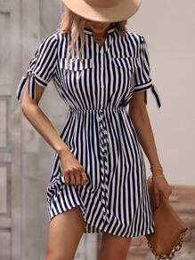 Vertical Striped Knot Cuff Dress - Blue and White - View 4