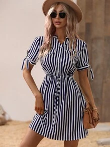 Vertical Striped Knot Cuff Dress - Blue and White - View 6