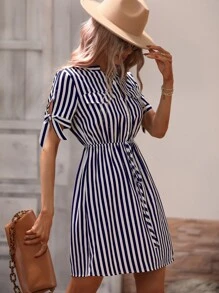 Vertical Striped Knot Cuff Dress - Blue and White - View 7