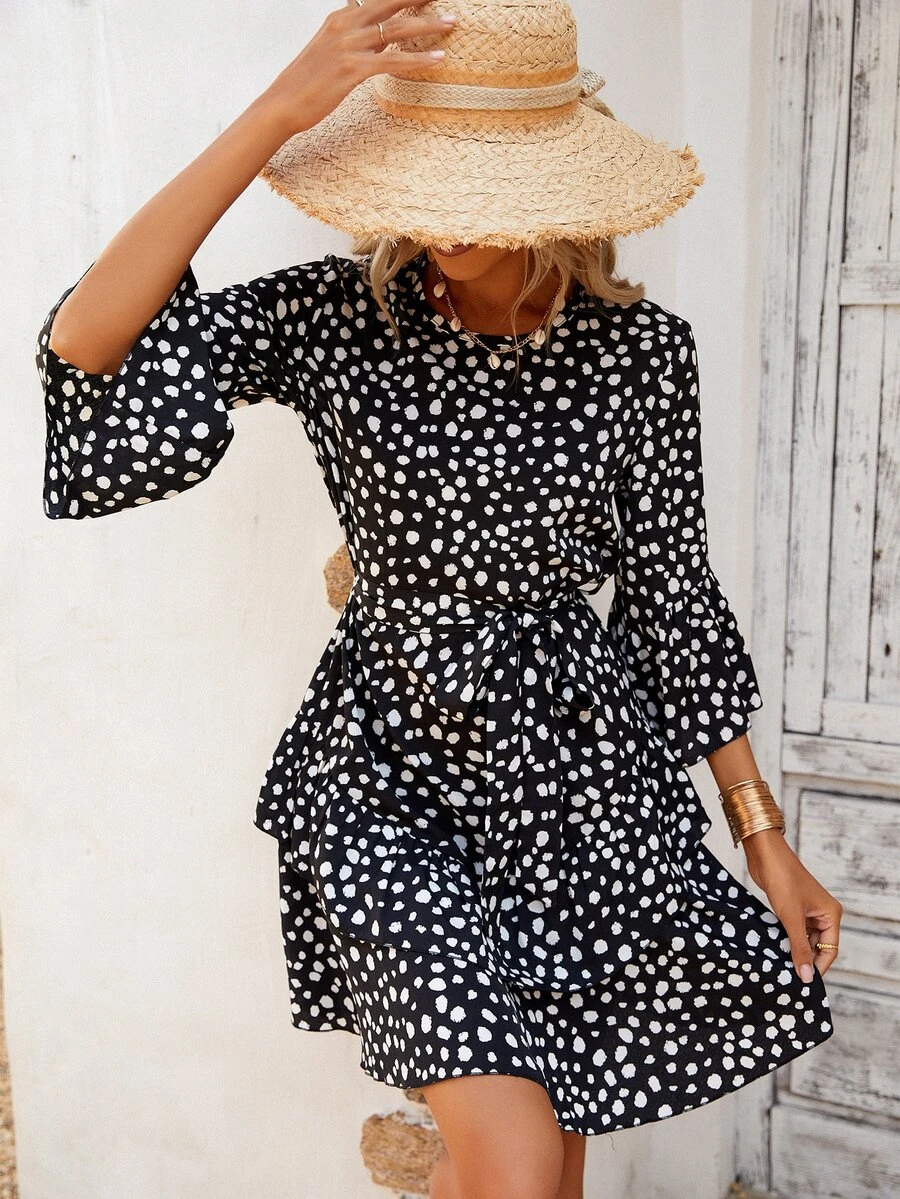 Dalmatian Print Flounce Sleeve Layered Ruffle Hem Belted Dress - Black and White - View 1