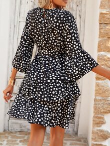 Dalmatian Print Flounce Sleeve Layered Ruffle Hem Belted Dress - Black and White - View 2