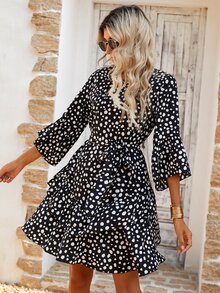 Dalmatian Print Flounce Sleeve Layered Ruffle Hem Belted Dress - Black and White - View 3