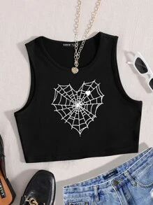 ROMWE PUNK Plus Spiderweb Print Tank Top - Black - View 1