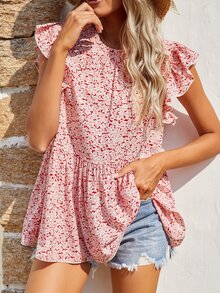 Áo sơ mi nữ Xù Viên lá sen Họa tiết hoa Boho - Đỏ và trắng - Xem 3