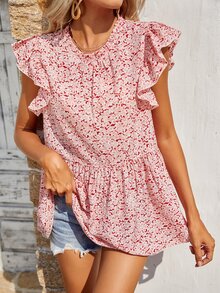 Áo sơ mi nữ Xù Viên lá sen Họa tiết hoa Boho - Đỏ và trắng - Xem 6