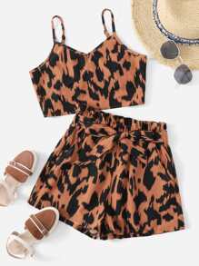 SHEIN 女孩滿版印花吊帶上衣和紙袋腰附腰帶短褲套裝 - 彩色 - 查看 1