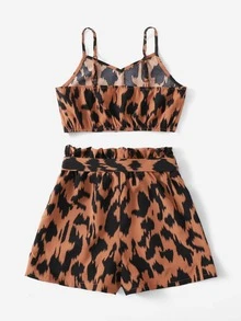 SHEIN 女孩滿版印花吊帶上衣和紙袋腰附腰帶短褲套裝 - 彩色 - 查看 2