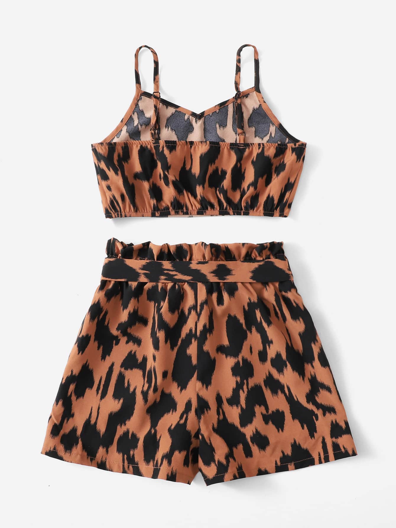 SHEIN 女孩滿版印花吊帶上衣和紙袋腰附腰帶短褲套裝 - 彩色 - 查看 2