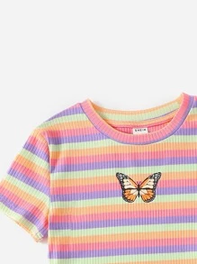 SHEIN Niñas Top tejido de canalé con mariposa con de rayas de arcoíris - Multicolor - Ver 4