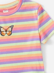 SHEIN Niñas Top tejido de canalé con mariposa con de rayas de arcoíris - Multicolor - Ver 3