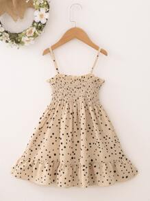 SHEIN Young Girl Asymmetrical Polka Dot Allover Print Ruffled Cami Dress , Suitable For Daily/Casual/Beach/Vacation
