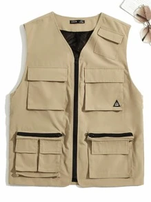 Manfinity Áo khoác Nam Đắp vá Túi Dây kéo Lá thư Đường phố - Màu Khaki - Xem 1