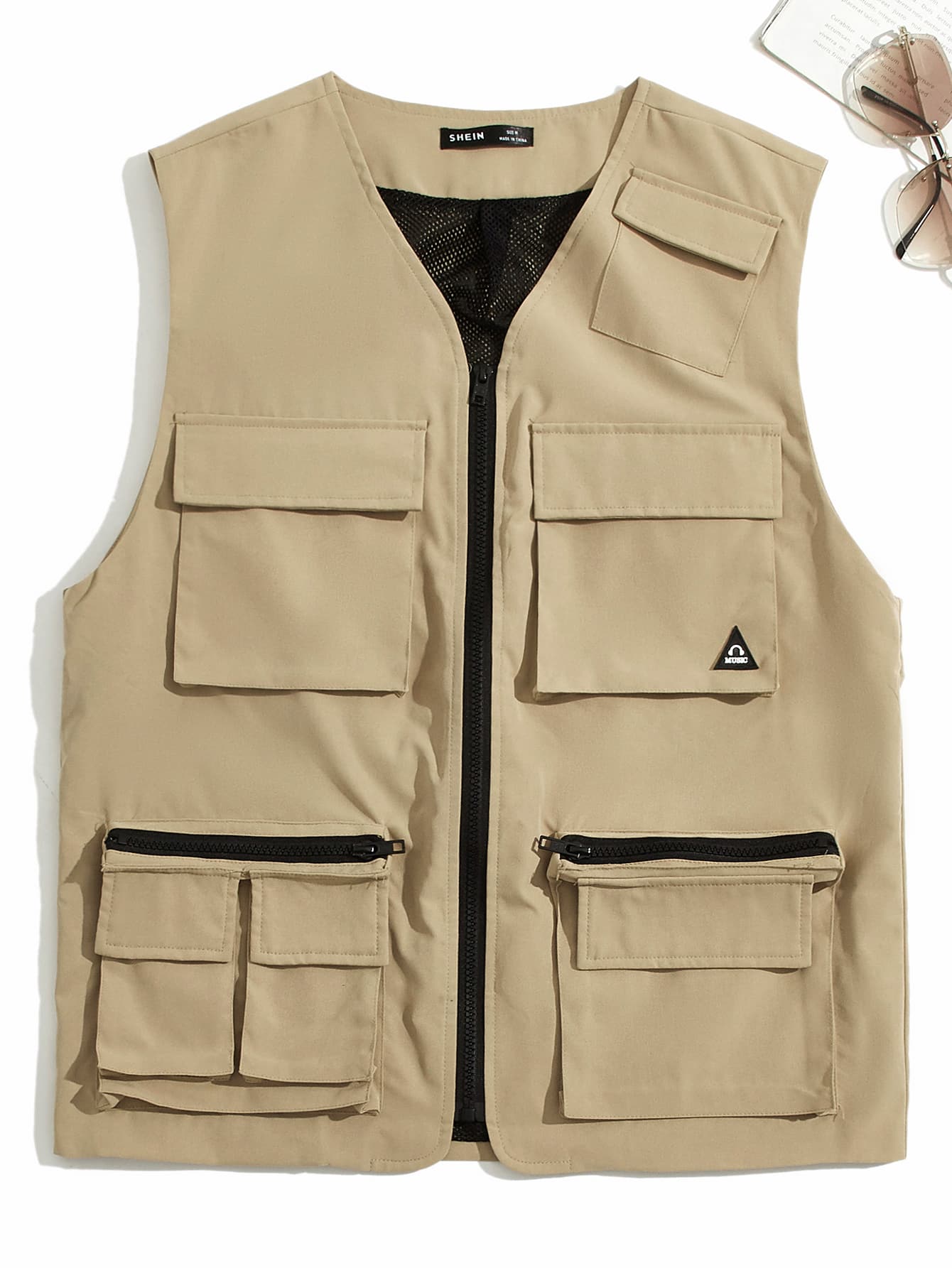 Manfinity Áo khoác Nam Đắp vá Túi Dây kéo Lá thư Đường phố - Màu Khaki - Xem 1