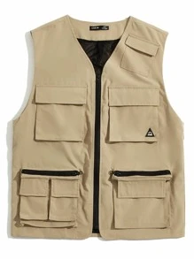 Manfinity Áo khoác Nam Đắp vá Túi Dây kéo Lá thư Đường phố - Màu Khaki - Xem 4