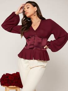 Modelyn Áo sơ mi nữ Viên lá sen Nút phía trước màu trơn Thanh lịch - Màu Tím - Xem 3