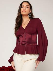 Modelyn Áo sơ mi nữ Viên lá sen Nút phía trước màu trơn Thanh lịch - Màu Tím - Xem 1