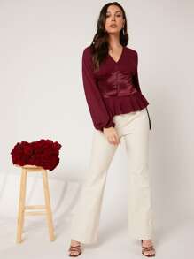 Modelyn Áo sơ mi nữ Viên lá sen Nút phía trước màu trơn Thanh lịch - Màu Tím - Xem 4