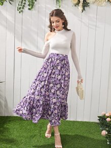 SHEIN Solid Lace Trim Asymmetrical Neck Top & Floral Print Skirt - Multicolor - View 3