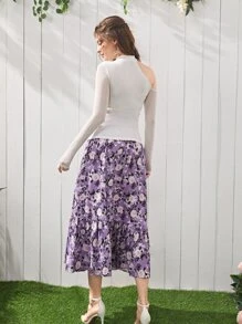 SHEIN Solid Lace Trim Asymmetrical Neck Top & Floral Print Skirt - Multicolor - View 2
