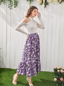 SHEIN Solid Lace Trim Asymmetrical Neck Top & Floral Print Skirt - Multicolor - View 6