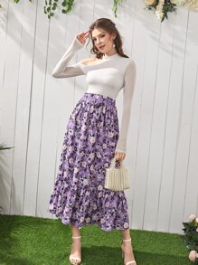 SHEIN Solid Lace Trim Asymmetrical Neck Top & Floral Print Skirt - Multicolor - View 1