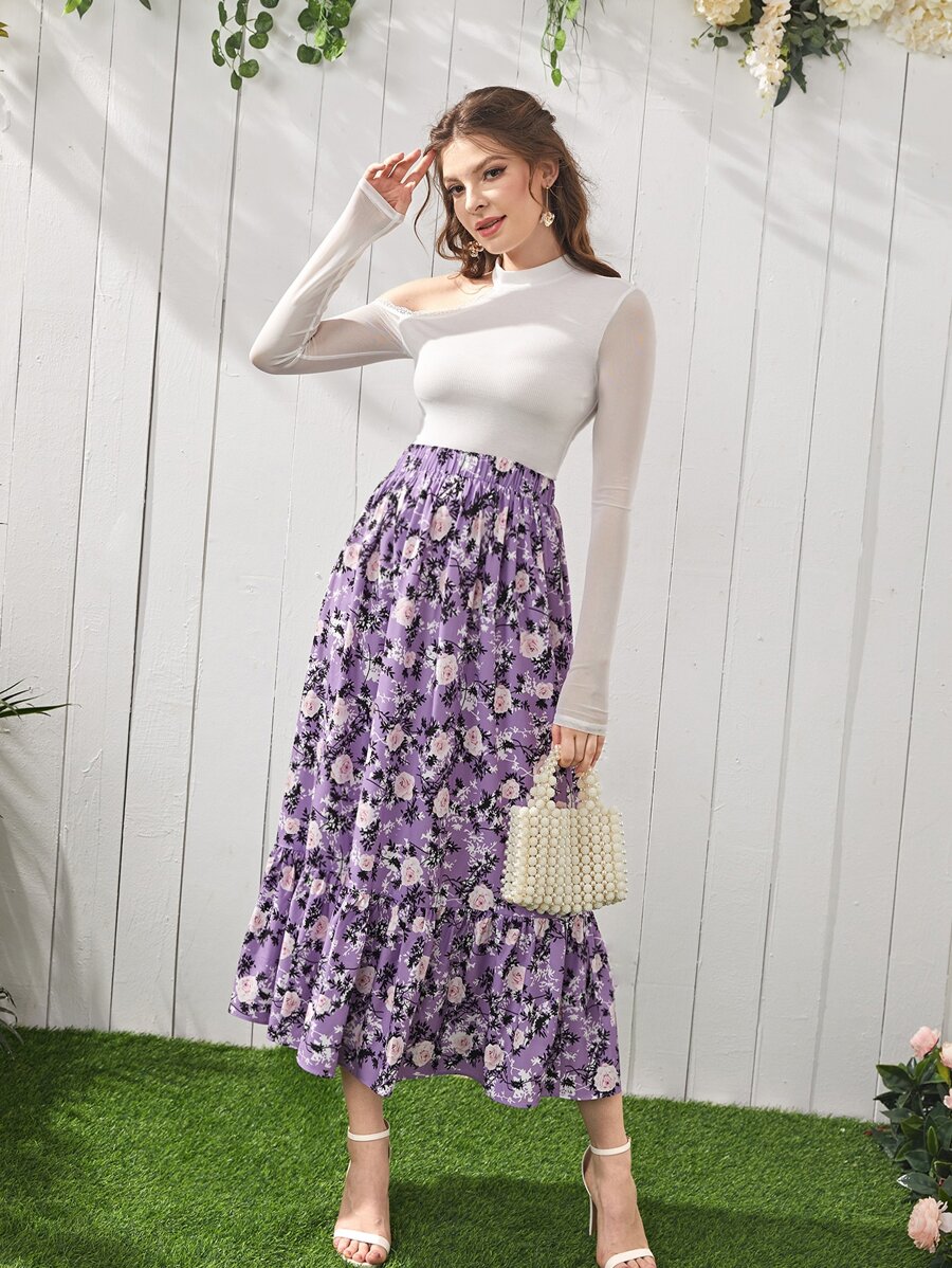 SHEIN Solid Lace Trim Asymmetrical Neck Top & Floral Print Skirt - Multicolor - View 1