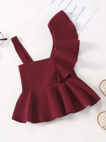 Toddler Girls Ruffle Trim Asymmetric Neck Peplum Blouse - Burgundy - View 1
