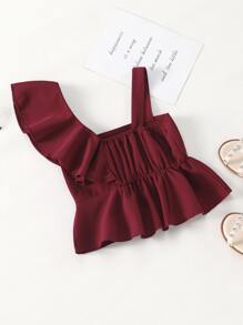 Toddler Girls Ruffle Trim Asymmetric Neck Peplum Blouse - Burgundy - View 2